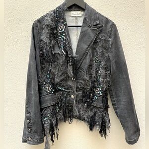 Halloween Costume Vintage Paco Soler Black Denim Embellished Jacket Blazer   L